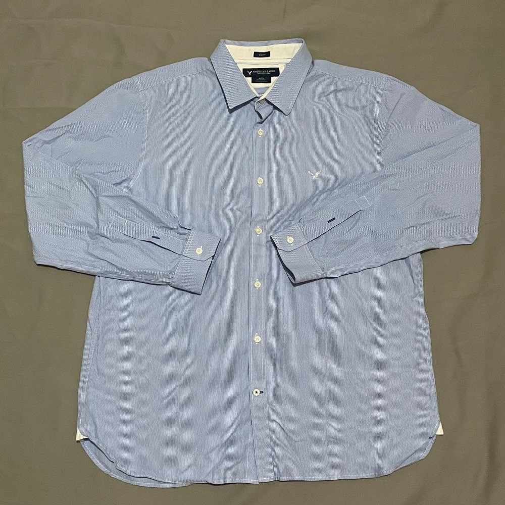 American Eagle Outfitters Button Up Shirt Mens XL Blue White Striped Long Sleeve